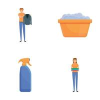 Laundry service icons set cartoon vector. Clean clothes in laundry vector
