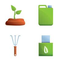 Biofuel icons set cartoon vector. Biofuel canister and plant with green leaf vector