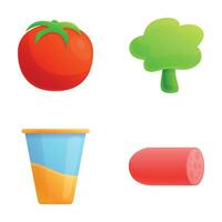 varios producto íconos conjunto dibujos animados vector. rojo tomate brócoli salchicha y jugo vector