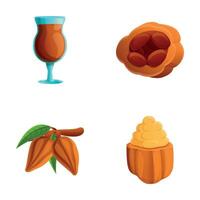 Cocoa beverage icons set cartoon vector. Cocoa pod and chocolate mousse vector