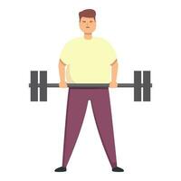 Fat man gym stand icon cartoon vector. Workout barbell vector