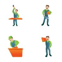 Woodworker icons set cartoon vector. Man worker with various tool vector