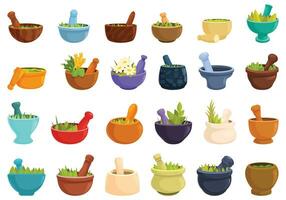 Grass mortar icons set cartoon vector. Green leaf fresh vector