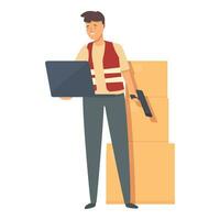 Storekeeper laptop box check icon cartoon vector. Deliver laborer vector