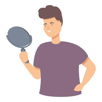 Man take mirror beauty icon cartoon vector. Person portrait