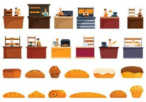 panadero de venta un pan íconos conjunto dibujos animados vector. personas vendedor vector