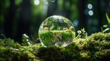 AI generated Sustainable Vision. Crystal Globe Depicting ESG on Moss. ESG Representation. Crystal Globe Laid on Vibrant Moss. Earth's Values. Crystal Globe Showcasing ESG Principles photo