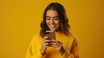 ai generado fácil actas. mujer disfrutando en línea compras, utilizando móvil y bancario tarjeta. sonriente felizmente, casual atuendo, vibrante amarillo antecedentes - fácil digital pagos foto