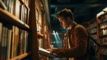 ai generado absorto en lectura. hombre seleccionando libros desde biblioteca estantería - pasatiempo, lectura, biblioteca escena, segunda mano librería, sostenible estilo de vida concepto para lectores foto