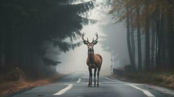 AI generated Deer standing on the road near the forest on a misty, foggy morning. Road hazards, wildlife and transport. Road Safety Alert. Deer on Foggy Morning Near Forest Cautioning Road Hazards photo