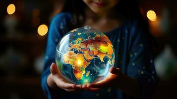 AI generated Global Education. Crystal Globe and World Map in Children's Hands. Concept of Learning, University, Global Business Education, Study Abroad, International Educational Opportunities. photo