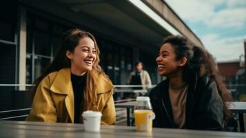 ai generado diverso alegre joven mujer tener agradable conversacion tomar entrevista escribir respuestas a cuestionario bebidas para llevar café vestido en casual ropa actitud en banco en contra urbano foto