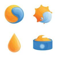 Solar protection icons set cartoon vector. Sunscreen bottle and summer sun vector