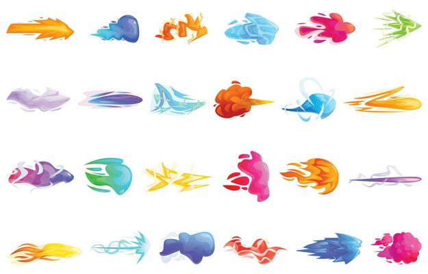 Magic power strike effect icons set cartoon vector. Ice piece