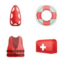 Water safety icons set cartoon vector. Life jacket lifebuoy and first aid kit vector