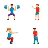 Sport training icons set cartoon vector. People playing sport with trainer vector