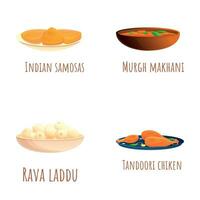indio cocina íconos conjunto dibujos animados vector. tradicional indio comida vector