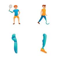 Disabled person icons set cartoon vector. Man with prosthesis play sport vector