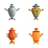 Various samovar icons set cartoon vector. Hot drink production equipment vector