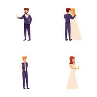 Wedding day icons set cartoon vector. Bride and groom with glass of champagne vector