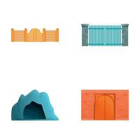 Various gate icons set cartoon vector. Wooden gate and entrance to stone cave vector