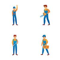 Builder team icons set cartoon vector. Team of worker with tool and equipment vector
