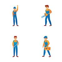 Builder team icons set cartoon vector. Team of worker with tool and equipment vector