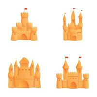 Castle icons set cartoon vector. Different sand castle with flag on tower vector