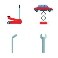 Car lift icons set cartoon vector. Process of repairing car vector