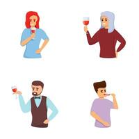Sommelier tasting icons set cartoon vector. Restaurant expert at wine tasting vector