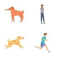 Dog trainer icons set cartoon vector. Pet owner teaching command to dog vector