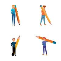 Writing icons set cartoon vector. Man and woman holding big pencil vector