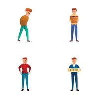 Fired manager icons set cartoon vector. Sad man employee with walking box vector