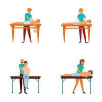 masaje procedimiento íconos conjunto dibujos animados vector. masajista haciendo curación tratamiento vector