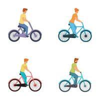 Bicycle rider icons set cartoon vector. Man and woman on bicycle vector