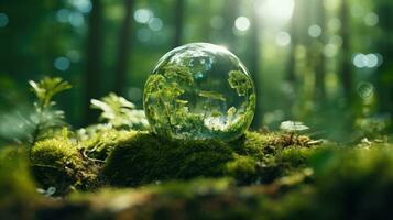 AI generated Crystal Globe Resting on Lush Moss. Global Sustainability. Crystal Globe Amidst Verdant Moss. Environment, Society, Governance. Crystal Globe on Moss photo