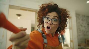 AI generated Curly haired female builder holds hammer clenches fist maintainces house renovation service wears glasses headphones on ears dressed in orange jumper and overalls breaks through plaster photo