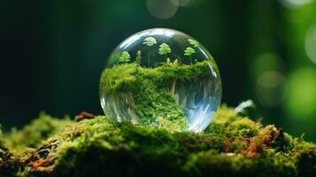 AI generated Eco-Consciousness. Crystal Globe Resting in Mossy Ambiance. ESG Symbol. Crystal Globe Displayed on Mossy Surface. Green Governance. Crystal Globe Settled on Moss Background photo