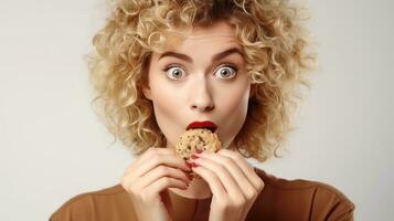 AI generated Delectable Delicacy. Curly Haired Woman Savors Chocolate Chip Cookie. Irresistible Snack. Woman Enjoying Chocolate-Infused Cookie in Close-Up. This kind of snack is bad for your health. photo