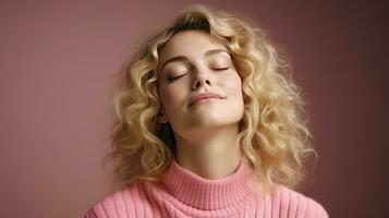 AI generated Blonde Woman in Pink Pullover Expresses Joyful Emotions, Facepalming Happily. Cheerful Woman in Pink Sweater, Closed Eyes, Signaling Positive Emotions photo