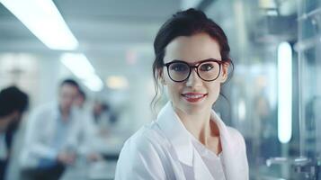 AI generated Scientific Excellence. Young Woman in Lab Coat and Glasses Leading Medical Science Team. Medical Innovation Hub. Young Woman Scientist in Lab with Specialist Team Background photo