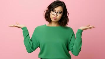 AI generated Asian Woman Expressing Confusion and Uncertainty, Isolated on Pink Background. Clueless Gesture. Asian Woman Shrugging Shoulders, Expressing Hesitation photo