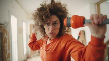 AI generated Dynamic Renovation. Curly-Haired Builder Smashes Wall in House Service. House Revival. Female Builder Breaks Through Plaster Wall in Renovation photo