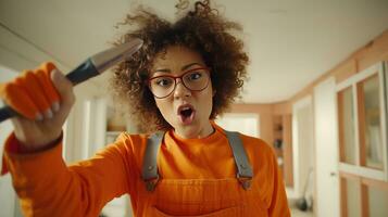 AI generated Renovation Dynamism. Curly-Haired Builder Breaks Through Wall with Dedication. Renovation Power. Female Builder in Action Smashing Plaster Wall photo