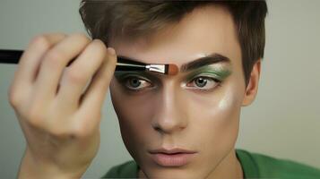 ai generado un joven Transgénero hombre aplica maquillaje mientras vistiendo un verde suéter. un joven Transgénero hombre aplica constituir. él toma cuidado de su apariencia y mira foto