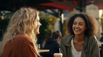 ai generado casual urbano entrevista - diverso joven mujer disfrutar conversación, responder cuestionario, sorbo para llevar café en banco. casual atuendo, vibrante ciudad antecedentes para sincero entrevista foto