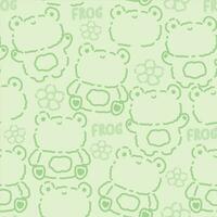 Seamless pattern of cute frog line hand drawn with flower and text on green background.Reptile animal cartoon.Baby clothing.Print screen.Kawaii.Vector.Illustration. vector