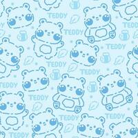 Seamless pattern of cute bear line hand drawn  with bee and leaf on blue background. vector