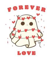 cute retro valentine ghost with red hearts, spooky love doodle in kawaii style hand drawing. vector