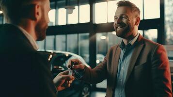 AI generated Automotive Sale Process. Dealer Hands Car Keys, Discusses Financing. Key Handover Ceremony. Salesman Delivers Car Keys in Tax and Finance Discussion photo